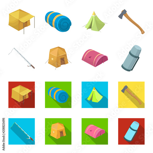 Spinning for fishing, tent, thermos.Tent set collection icons in cartoon,flat style vector symbol stock illustration web.