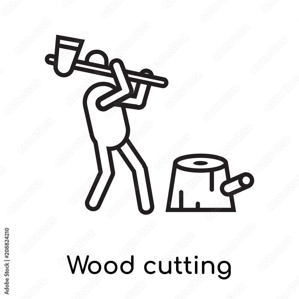 Wood cutting icon vector sign and symbol isolated on white background, Wood cutting logo concept, outline symbol, linear sign Wood cutting icon vector sign and symbol isolated on white background, Wood cutting logo concept, outline symbol, linear sign