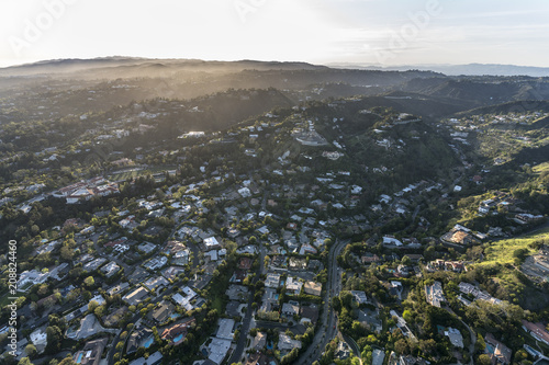 Aerial view of Holmby Hills and Benedict Canyon neighborhood in Beverly Hills and Los Angeles, California.  