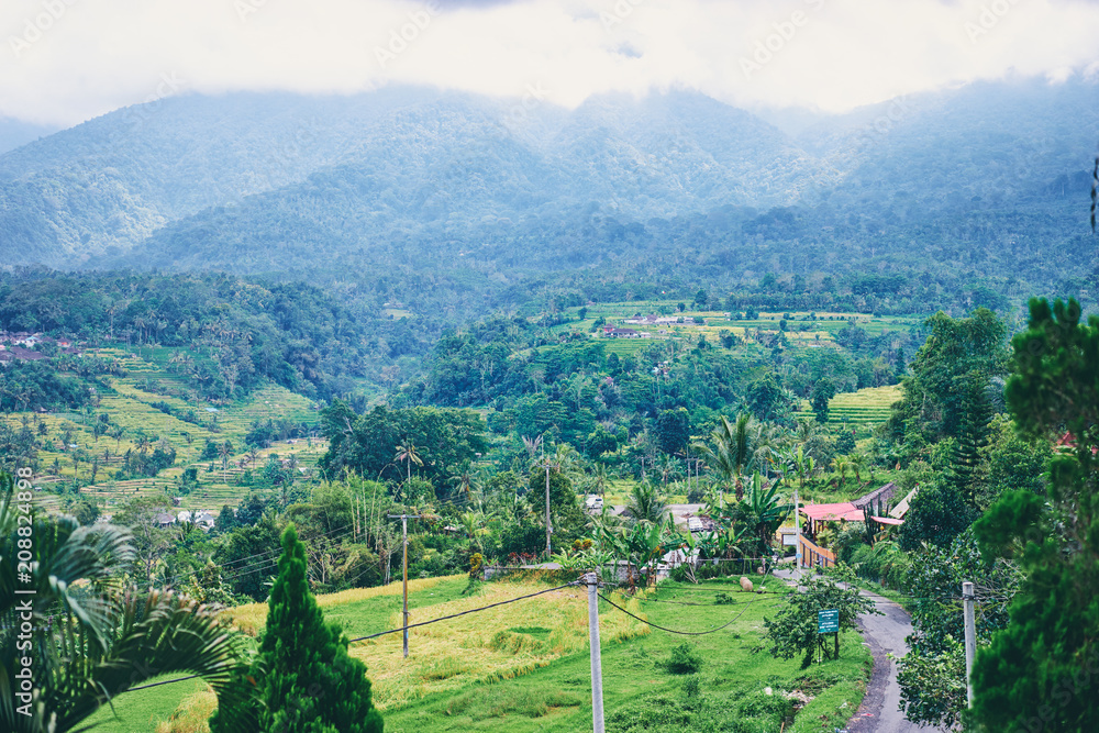 Beautiful lanscape with green valley, rice fields and mountains. Bali Indonesia. Beautiful lanscape with green valley, rice fields and mountains. Bali Indonesia.