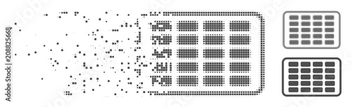 Grey vector contraceptives blister icon in dissolved, dotted halftone and undamaged entire versions. Disintegration effect involves square dots.