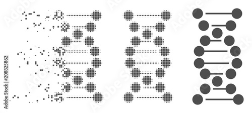 Gray vector DNA icon in dissolved, dotted halftone and undamaged whole variants. Disintegration effect involves rectangular particles. Fragments are grouped into disappearing DNA pictogram.