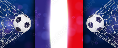 Soccer or Football wide Banner With 3d Ball on blue background and flag of france. Football game match goal moment with realistic ball in the net and place for text