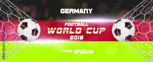 Soccer or Football wide Banner With 3d Ball on blue background and flag of Germany. Football game match goal moment with realistic ball in the net and place for text