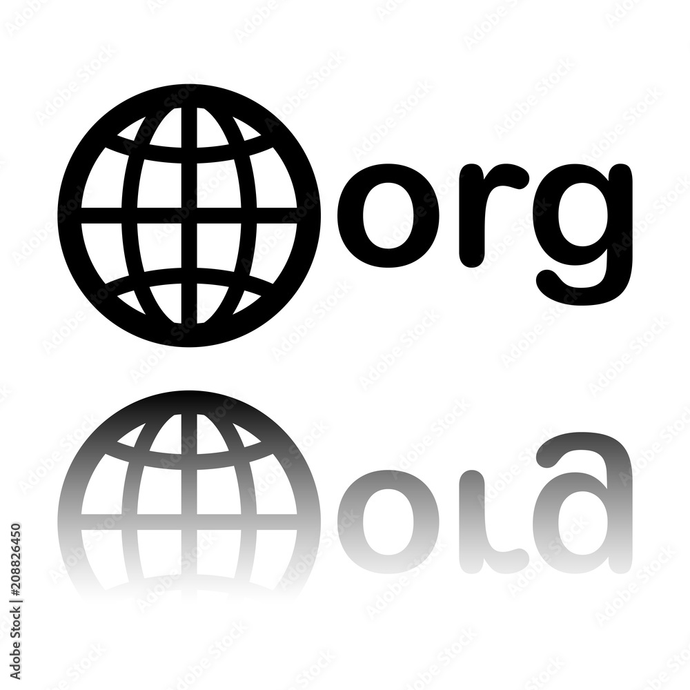 one of first domains for non-profit organization, globe and org. Black icon with mirror reflection on white background one of first domains for non-profit organization, globe and org. Black icon with mirror reflection on white background