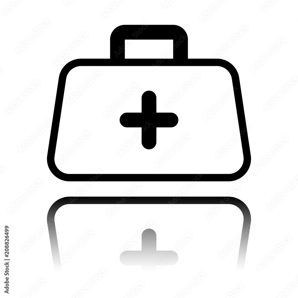 first-aid kit, outline symbol. Black icon with mirror reflection on white background first-aid kit, outline symbol. Black icon with mirror reflection on white background
