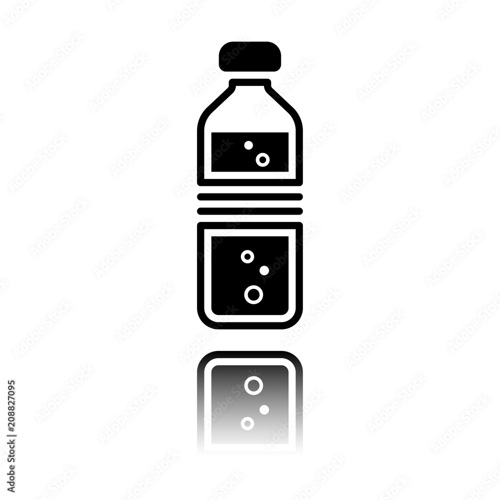 bottle of water with bubbles. simple single icon. Black icon with mirror reflection on white background bottle of water with bubbles. simple single icon. Black icon with mirror reflection on white background
