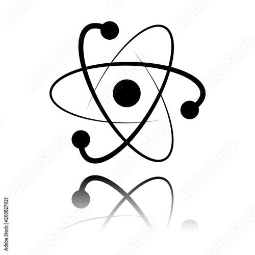 scientific atom symbol, logo, simple icon. Black icon with mirror reflection on white background