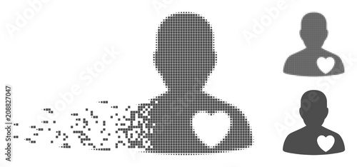 Gray vector love heart guy icon in dispersed, pixelated halftone and undamaged entire variants. Disappearing effect uses square particles. Elements are organized into dispersed love heart guy form.