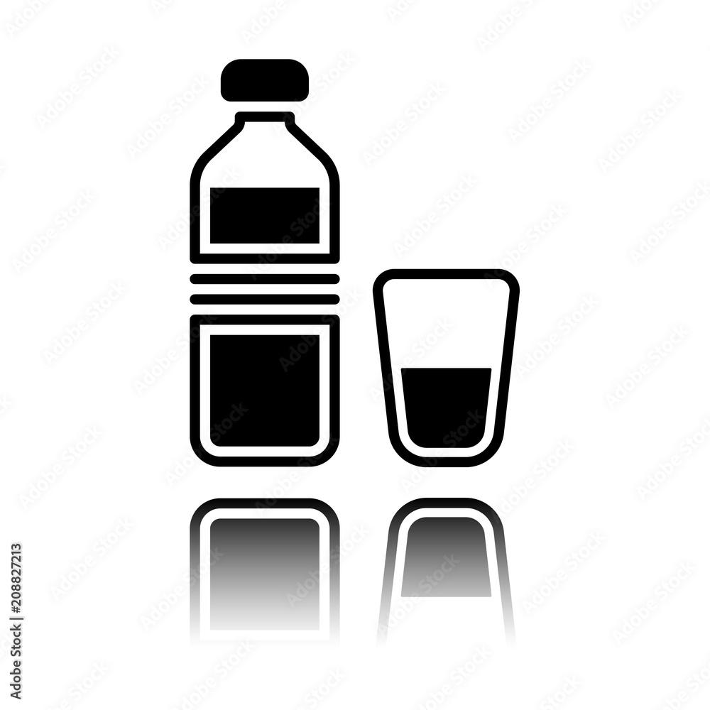 bottle of water and glass cup. simple icon. Black icon with mirror reflection on white background bottle of water and glass cup. simple icon. Black icon with mirror reflection on white background