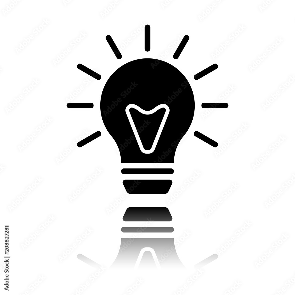 old bulb with light. simple single icon. Black icon with mirror reflection on white background old bulb with light. simple single icon. Black icon with mirror reflection on white background