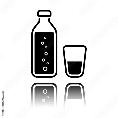 bottle of water with bubbles and glass cup. simple icon. Black icon with mirror reflection on white background