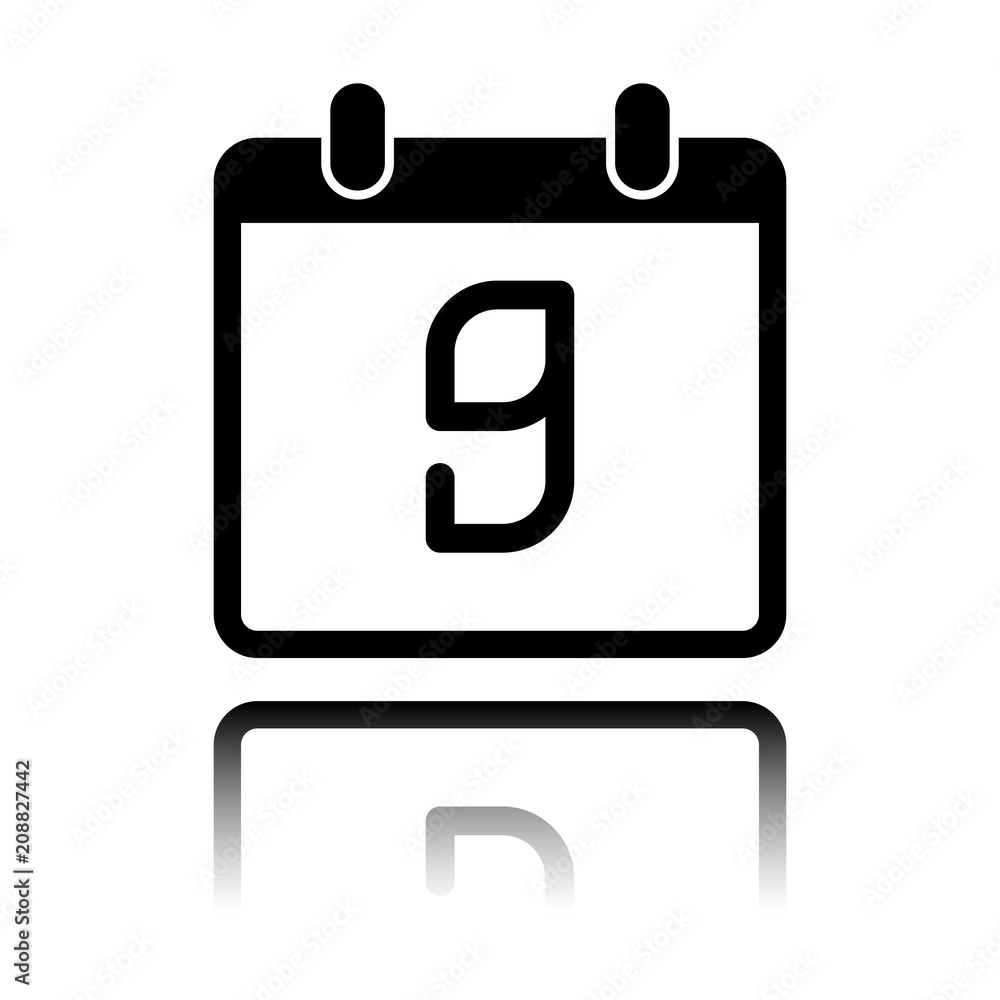 calendar with 9 day, simple icon. Black icon with mirror reflection on white background calendar with 9 day, simple icon. Black icon with mirror reflection on white background