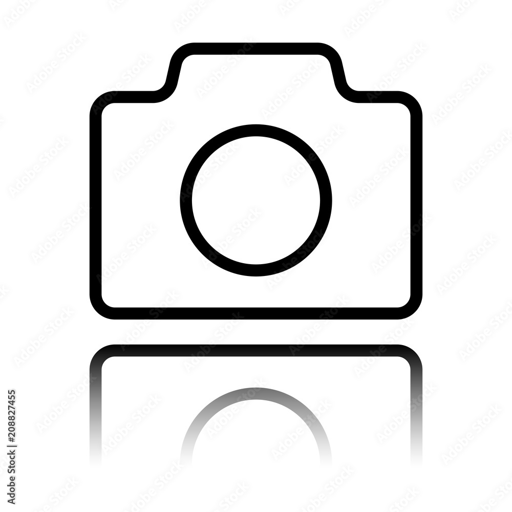 Photo camera, linear symbol with thin outline, simple icon. Black icon with mirror reflection on white background Photo camera, linear symbol with thin outline, simple icon. Black icon with mirror reflection on white background