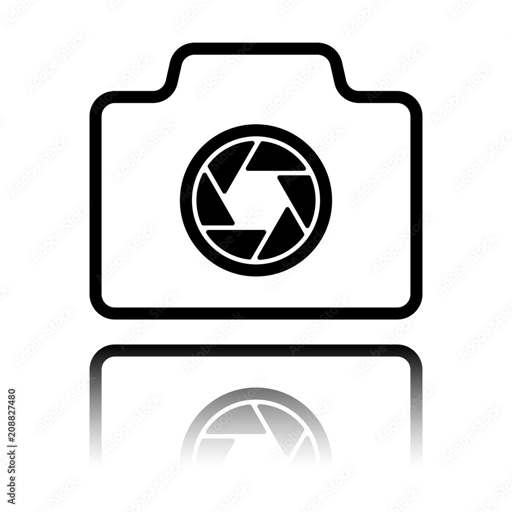 Photo camera, linear symbol with thin outline, simple icon. Black icon with mirror reflection on white background Photo camera, linear symbol with thin outline, simple icon. Black icon with mirror reflection on white background