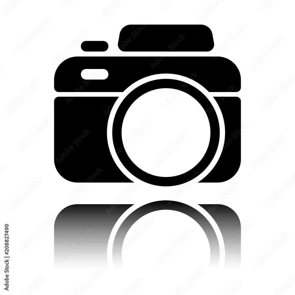 Photo camera, simple icon. Black icon with mirror reflection on white background Photo camera, simple icon. Black icon with mirror reflection on white background