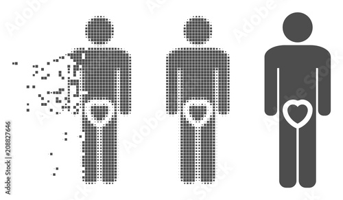 Grey vector male love genitals icon in dispersed, pixelated halftone and undamaged entire variants. Disappearing effect involves square particles.
