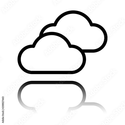 Mostly cloudy icon. Simple linear icon with thin outline. Black icon with mirror reflection on white background