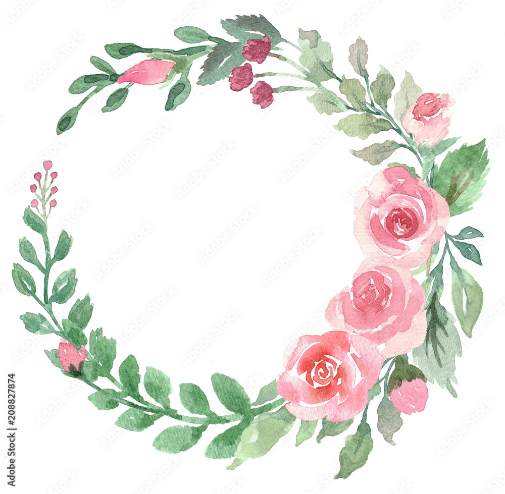 Loose Floral Watercolor Wreath with Roses