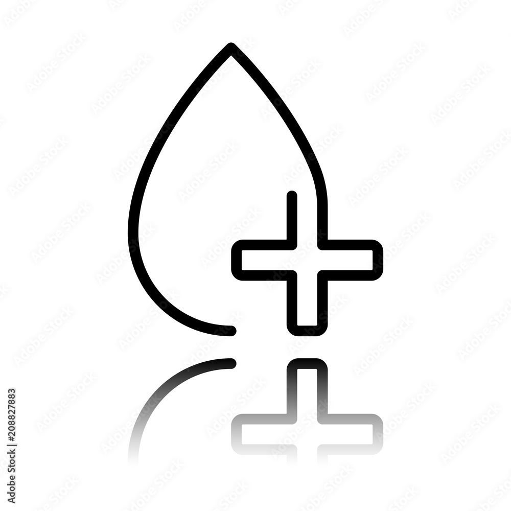 drop of blood and medical cross. linear symbol with thin outline. one line style. Black icon with mirror reflection on white background drop of blood and medical cross. linear symbol with thin outline. one line style. Black icon with mirror reflection on white background