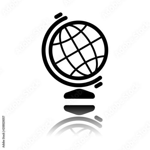 Simple globe symbol. Linear icon. Black icon with mirror reflection on white background