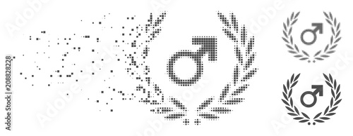 Gray vector male symbol laurel wreath icon in dispersed, pixelated halftone and undamaged whole versions. Disappearing effect involves rectangular particles.