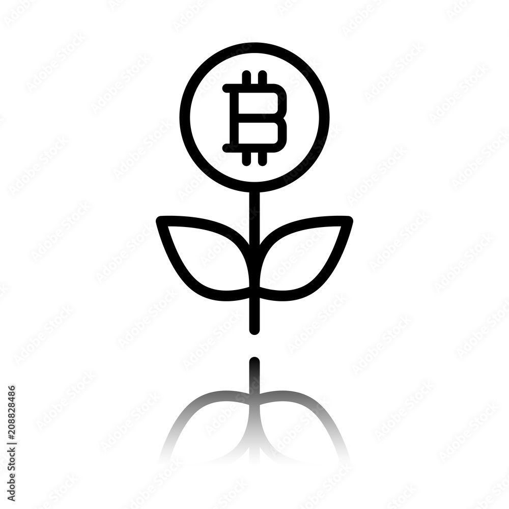 Money flower with bitcoin. Money tree. Linear icon with thin outline. Black icon with mirror reflection on white background Money flower with bitcoin. Money tree. Linear icon with thin outline. Black icon with mirror reflection on white background