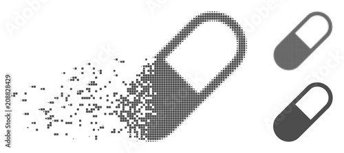 Grey vector medication granule icon in fractured, dotted halftone and undamaged solid variants. Disintegration effect involves rectangle particles.
