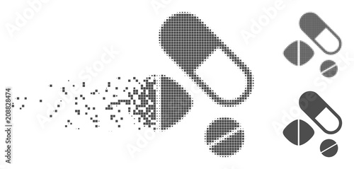 Gray vector medication pills icon in dispersed, pixelated halftone and undamaged solid versions. Disappearing effect uses rectangle dots. Pixels are arranged into dispersed medication pills figure.