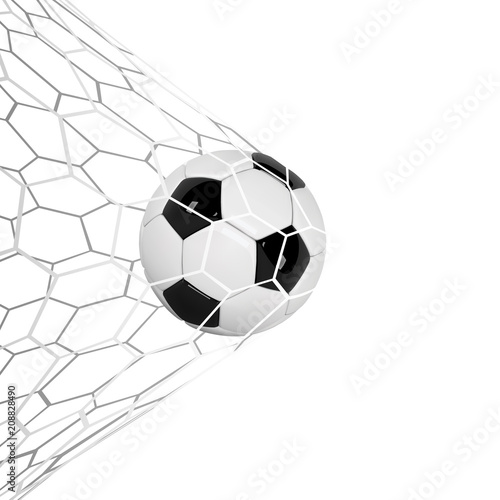 Soccer or Football 3d Ball isolated on white background. Football game match goal moment with realistic ball in the net and place for text © volmon