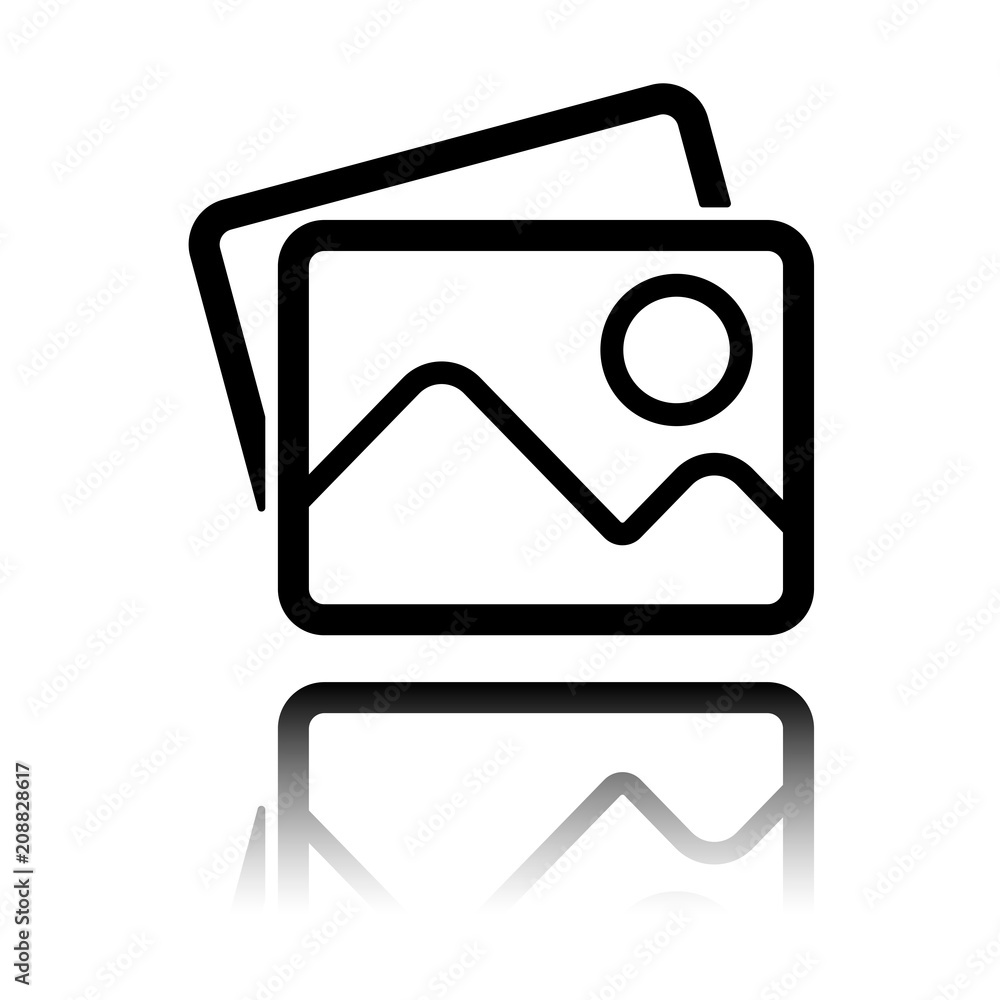 Stack of pictures with couple of mountains and sun. Simple linear icon. Black icon with mirror reflection on white background Stack of pictures with couple of mountains and sun. Simple linear icon. Black icon with mirror reflection on white background