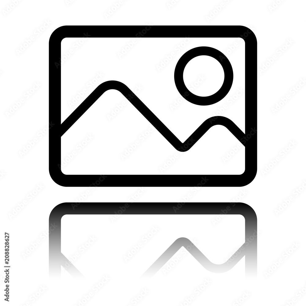Picture with couple of mountains and sun. Simple linear icon. Black icon with mirror reflection on white background Picture with couple of mountains and sun. Simple linear icon. Black icon with mirror reflection on white background
