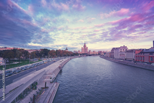 Beautiful sunset cityscape with city center and Moscow river.