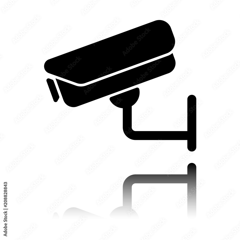 Security camera. Technology icon. Black icon with mirror reflection on white background Security camera. Technology icon. Black icon with mirror reflection on white background