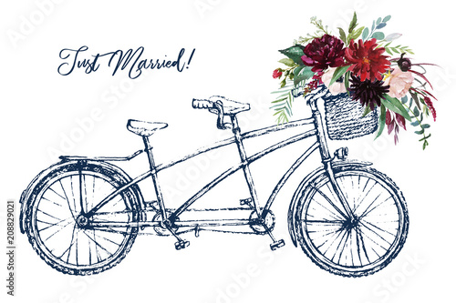Fotografie Watercolor hand painted romantic illustration on white background - vintage wedding tandem bicycle with basket of flowers
