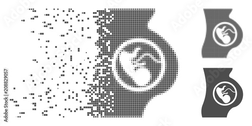Grey vector pregnancy icon in dissolved, dotted halftone and undamaged whole versions. Disappearing effect uses rectangle dots. Particles are combined into disappearing pregnancy icon.