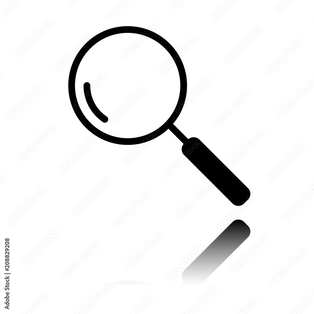 Loupe, search or magnifying. Linear icon, thin outline. Black icon with mirror reflection on white background Loupe, search or magnifying. Linear icon, thin outline. Black icon with mirror reflection on white background