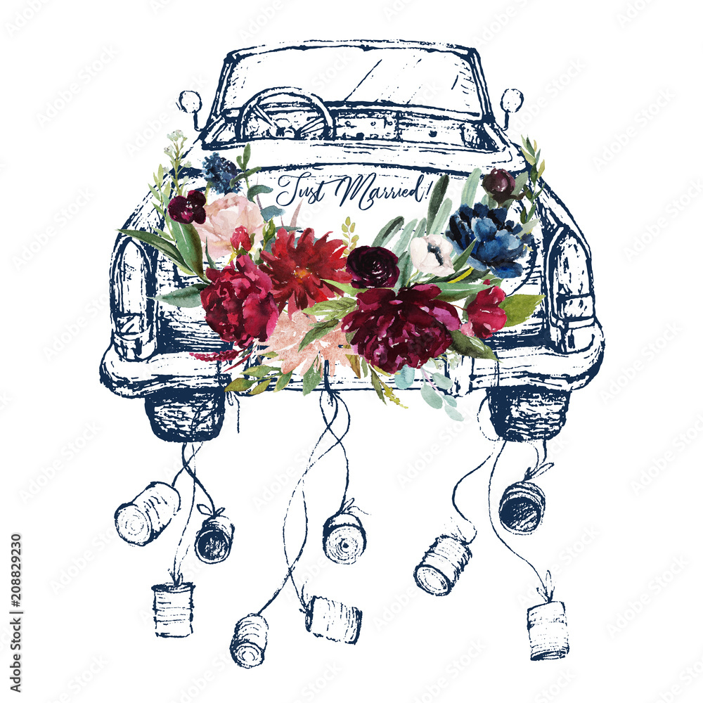 Naklejka Akwarela ręcznie malowane wesele romantyczna ilustracja na białym tle - vintage granatowy samochód kabriolet z puszki i kompozycja kwiatowa bukiet kwiatów. Nowożeńcy! Piwonie, zawilce, róże.