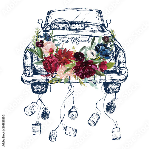 Naklejka Akwarela ręcznie malowane wesele romantyczna ilustracja na białym tle - vintage granatowy samochód kabriolet z puszki i kompozycja kwiatowa bukiet kwiatów. Nowożeńcy! Piwonie, zawilce, róże.