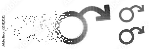 Gray vector sexual impotence icon in fractured, dotted halftone and undamaged whole versions. Disintegration effect uses rectangle particles.