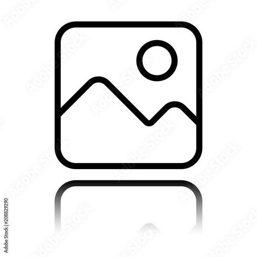 Simple picture icon. Linear symbol, thin outline. Black icon with mirror reflection on white background