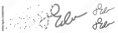 Gray vector signature icon in fractured, pixelated halftone and undamaged entire variants. Disintegration effect uses rectangular particles. Elements are combined into dissipated signature shape.