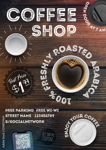 Coffee shop flyer template on vintage wood texture background. Advertising   invitation in A4 format brochures, posters, banner, leaflet. Vector illustration  