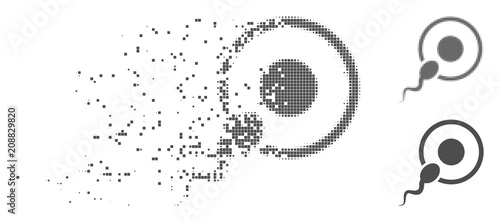 Grey vector sperm insemination icon in fractured, pixelated halftone and undamaged whole variants. Disappearing effect uses rectangle particles.
