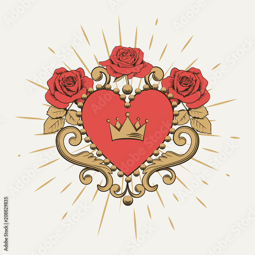 Beautiful ornamental red heart with crown and roses on white background. Vector illustration