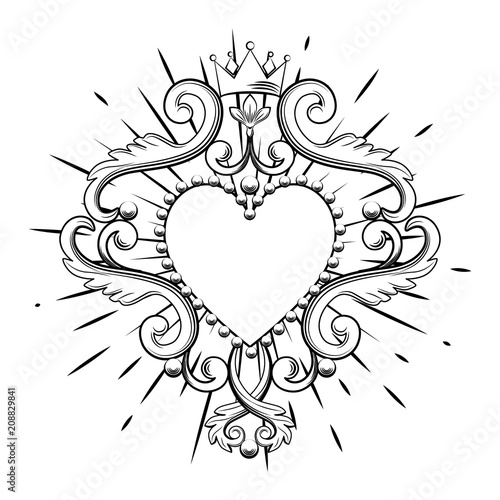 Beautiful ornamental heart with crown in black color isolated on white background. Vector illustration