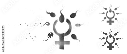 Grey vector sperm penetration icon in dispersed, pixelated halftone and undamaged solid variants. Disintegration effect uses rectangle particles.
