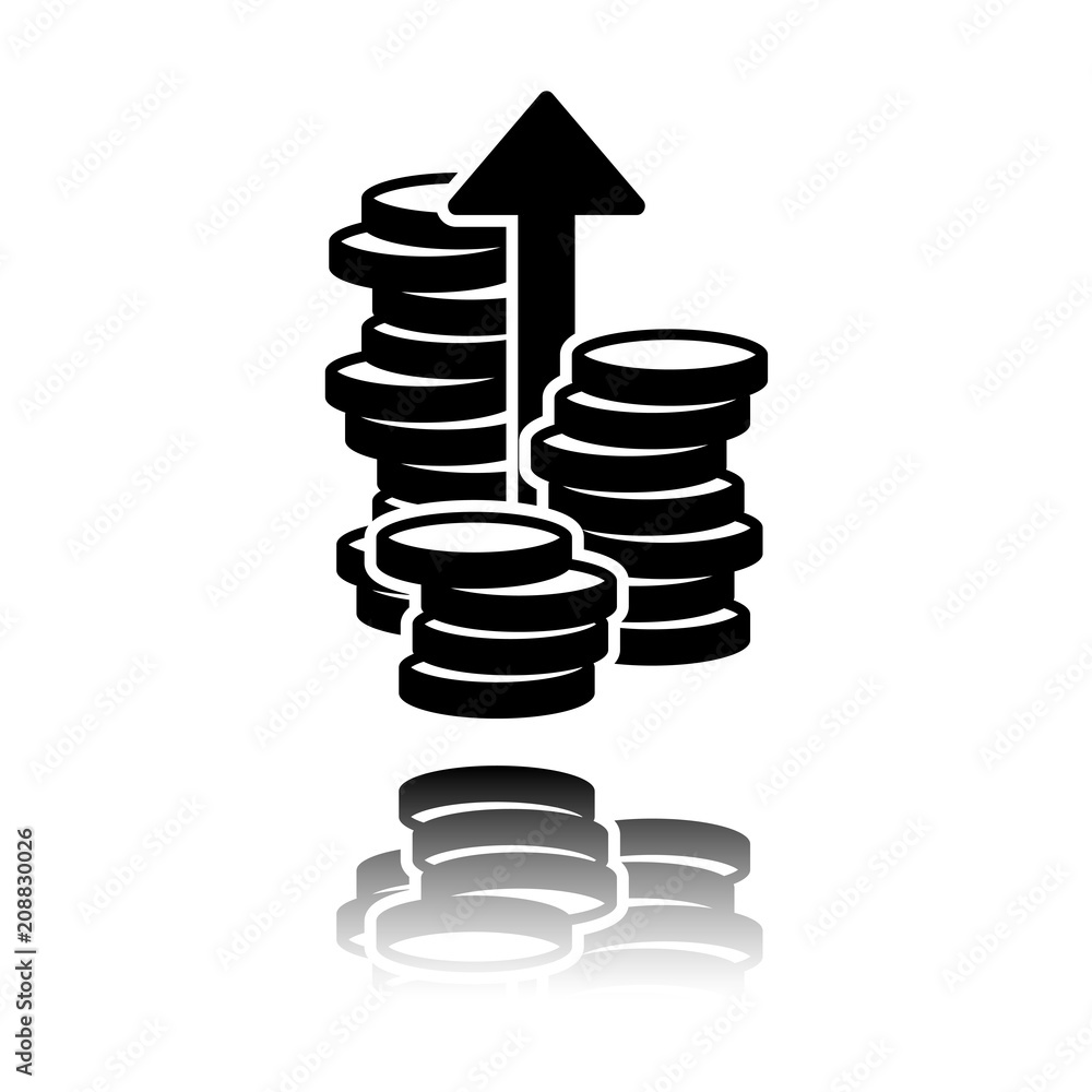 Coins stack, finance grow, up arrow. Black icon with mirror reflection on white background Coins stack, finance grow, up arrow. Black icon with mirror reflection on white background