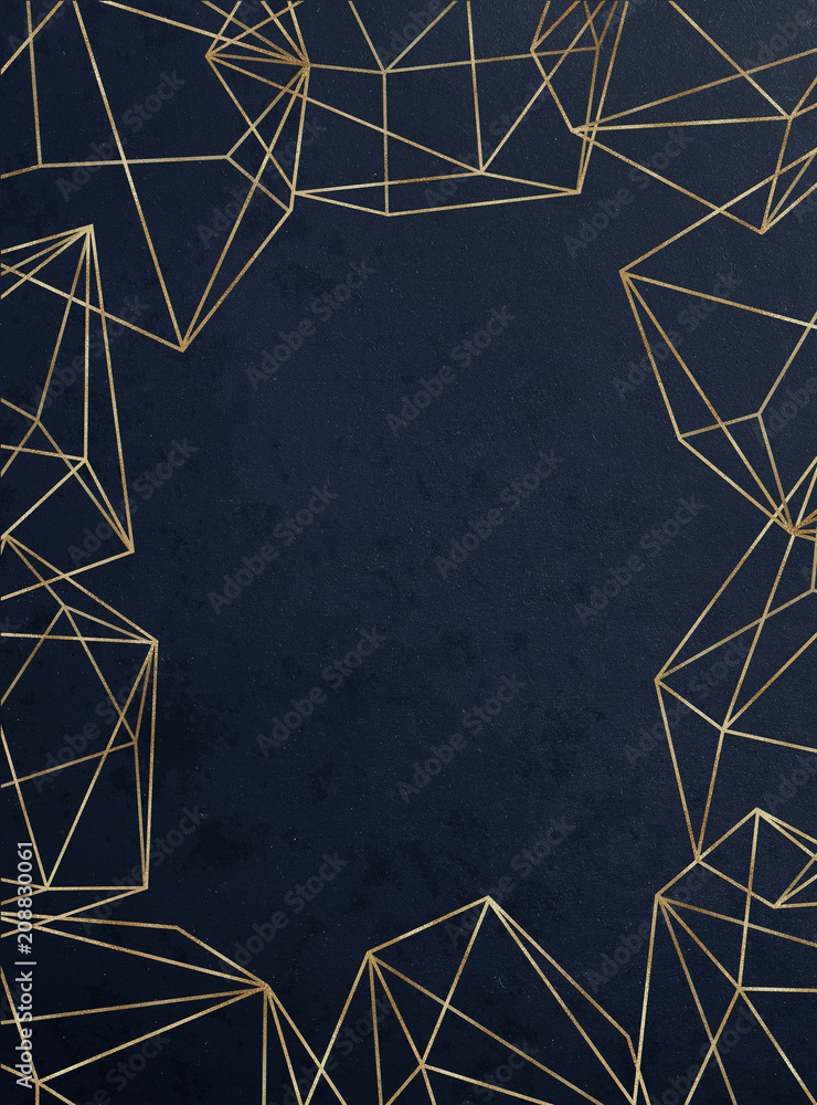 Fototapeta Vivid textured geometric frame. Abstract gold polygonal geometric frame with golden glitter triangles, geometric, diamond shapes on navy background.