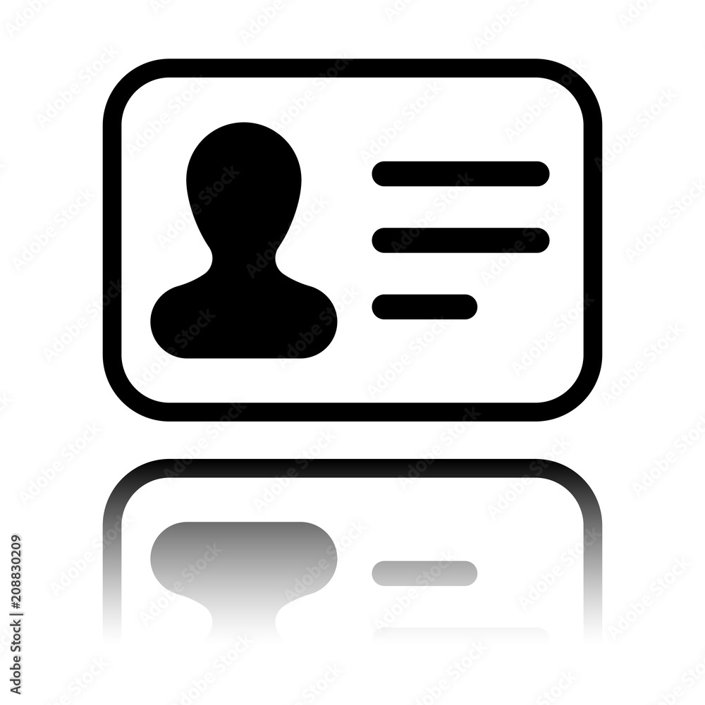 Identification card icon. ID profile. Black icon with mirror reflection on white background Identification card icon. ID profile. Black icon with mirror reflection on white background